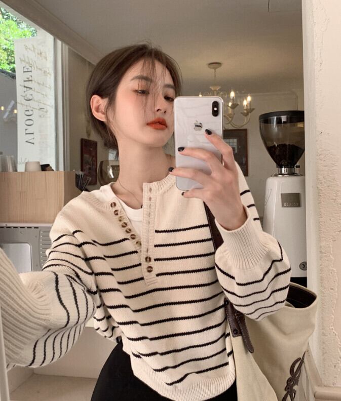 スタイルストライプセーター レディーススプリングオータム薄手ショートルーズコート トップス 春物 秋物 モンロー56212480843