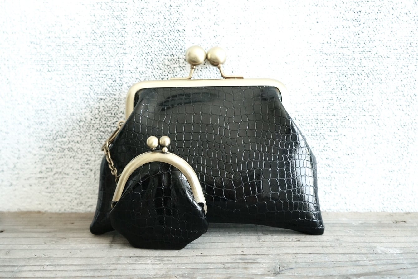 ★再販 SET crocodile pattern gamaguchi black handmade ●  手作りクロコダイル型押親子がま口財布ミニポーチコインケースハンドメイド | atelier Riccisan’s powered by BASE