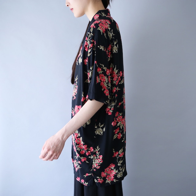 "花柄" black base pink rose flower pattern h/s shirt