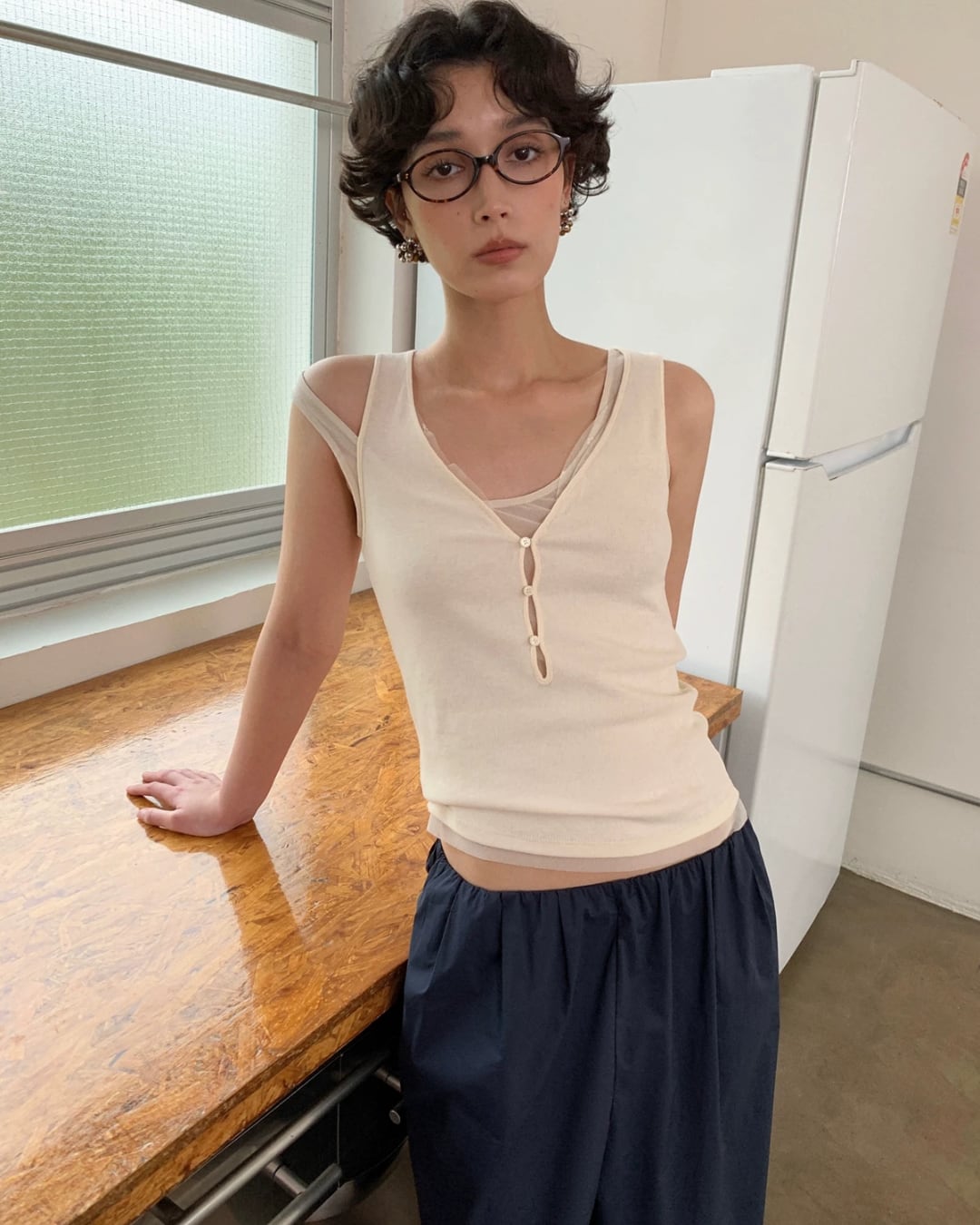 レイヤードデザイン メッシュ タンクトップ