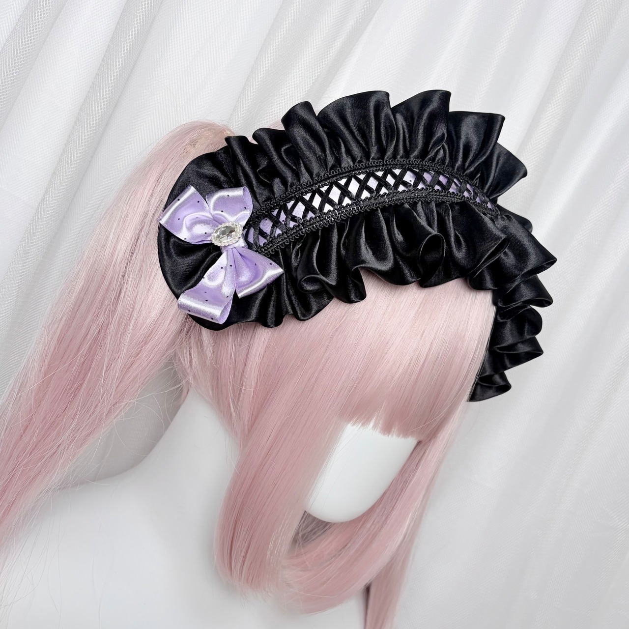 ♡【Sayakadoll Original No.12】 小悪魔ドット リボン 光沢サテンの編み上げリボンビジューヘッドドレス purple ♡