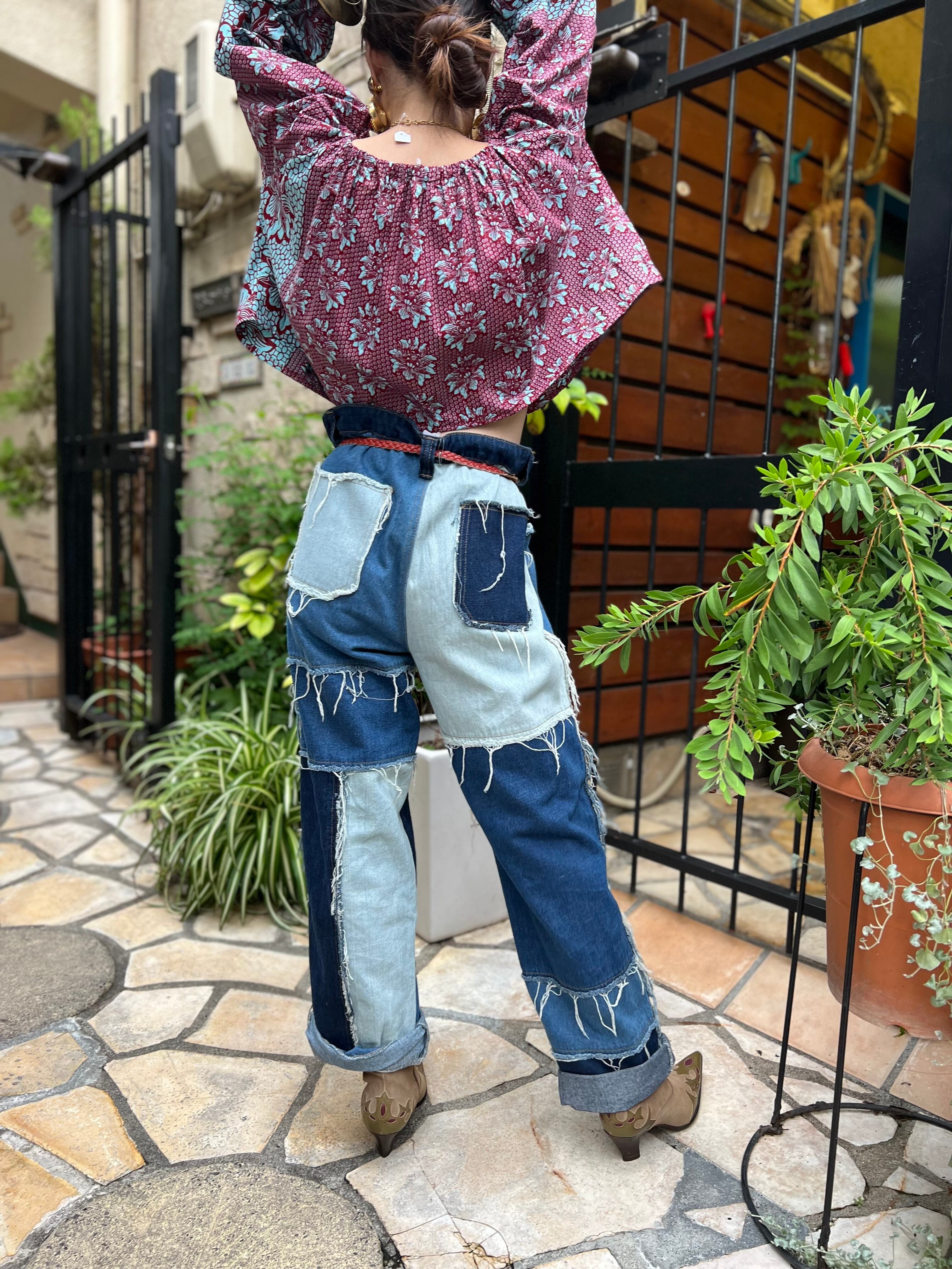 patchwork wide denim pants