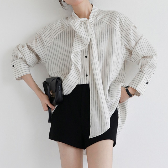 ストライプボウタイオーバーシャツ　W00117