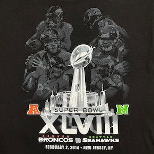 【AAA】NFL 2014 Super Bowl スーパーボウル プリント Tシャツ 両面プリント バックプリント 黒t 半袖 アメフト BRONCOS SEAHAWKS LARGE US古着