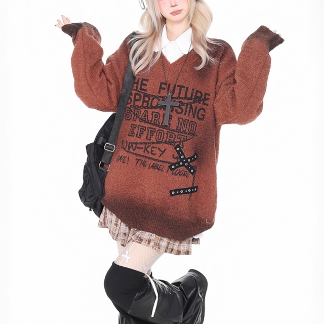 ハトメストラップVネックグランジブラウンニット(lli_6296)