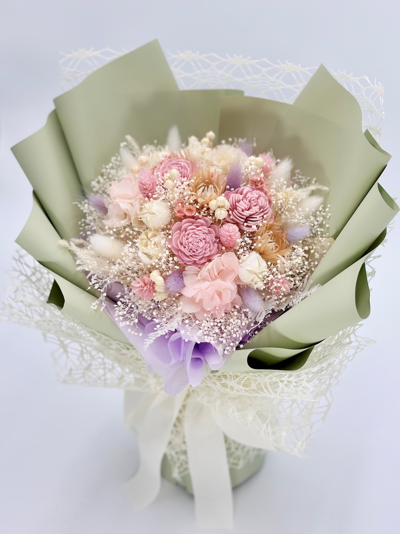 1.置けるドライフラワー花束(花てまり/ピンク色・白色・紫色) □Mサイズ 【数量限定商品】 画像2