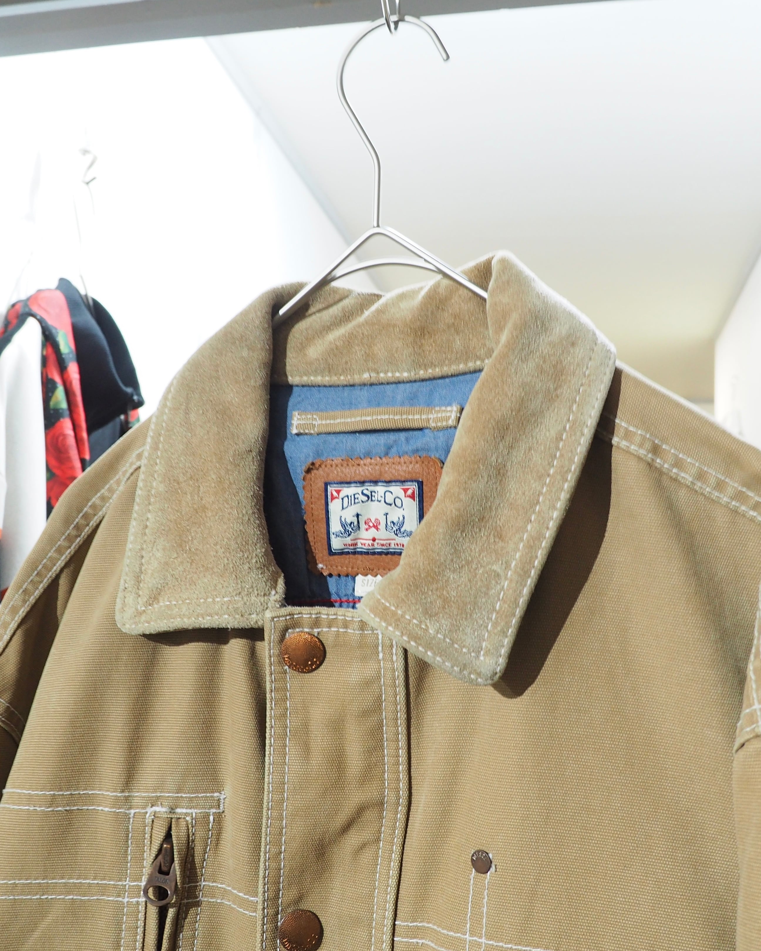 " DIESEL " Suede Leather Switching Cotton Duck Work Jacket
