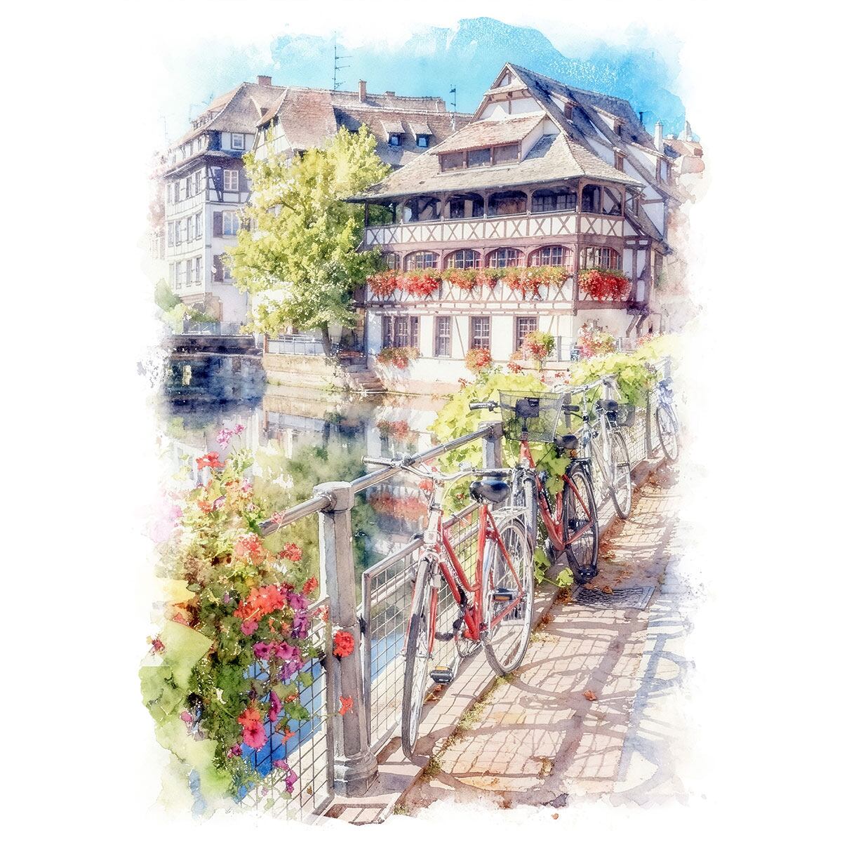 絵画 風景画(街並み) フランス ストラスブールのカラフルな家々 インテリアアート額付き 水彩画・油絵調 WAT0009