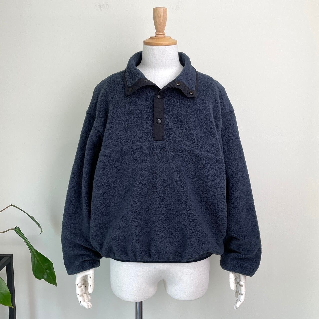 90s USA古着 ブラック フリースプルオーバー スナップT vintage 