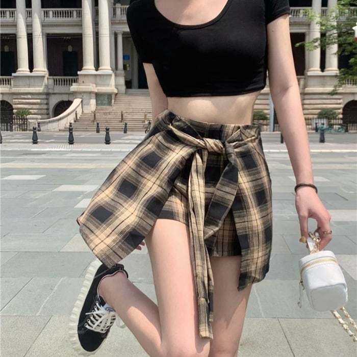 ウェスト薄手格子柄ショートサマー ハイウェスト 夏物 スカート ドラファッションホール49047434620