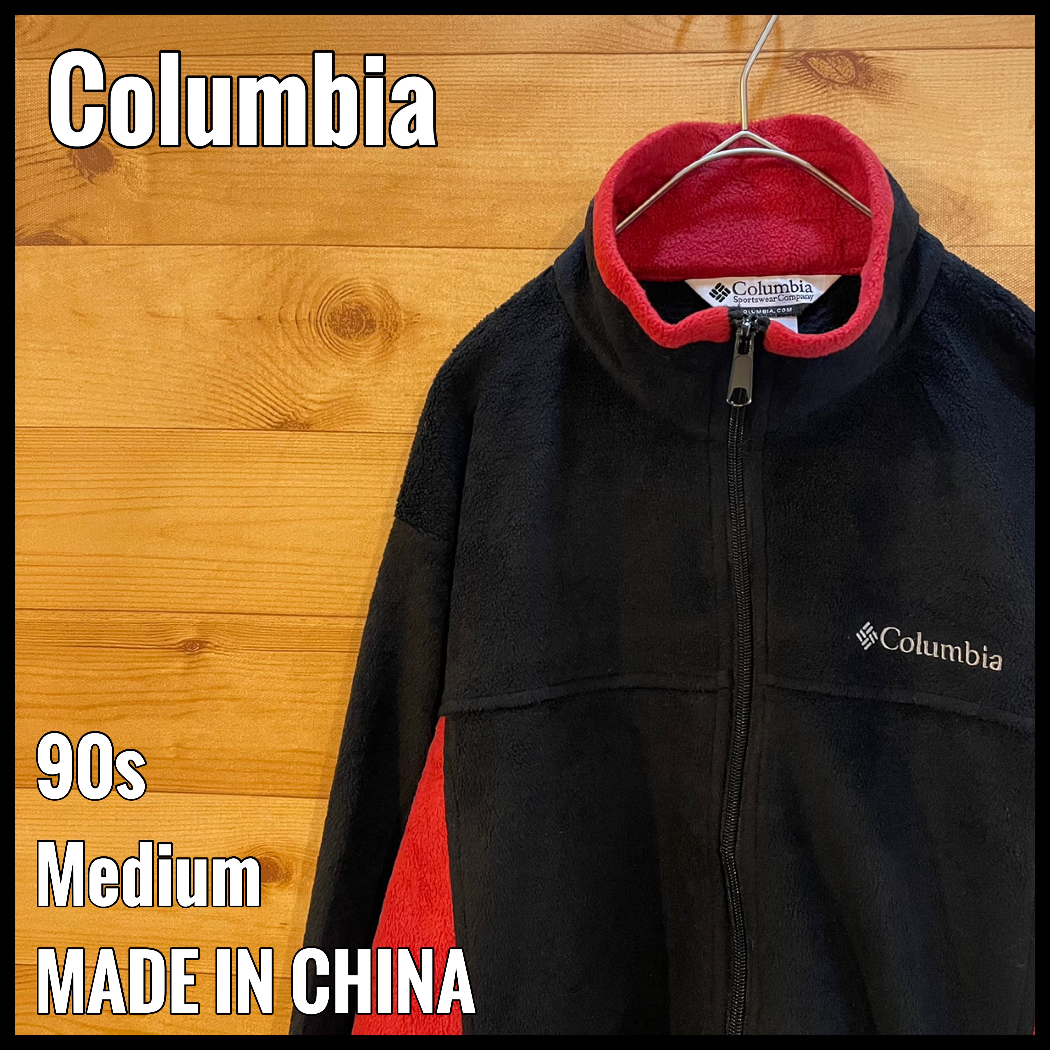 Columbia】90s フリース ジャケット 刺繍ロゴ ワンポイントロゴ 赤黒 切替 フルジップ ジップアップ アウター ライトアウター M  us古着 古着屋手ぶらがbest