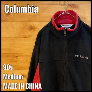 【Columbia】90s フリース ジャケット 刺繍ロゴ ワンポイントロゴ 赤黒 切替 フルジップ ジップアップ アウター ライトアウター M us古着