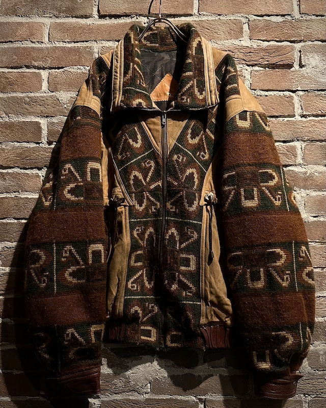 【Caka act3】80's Leather Switching Euro Vintage Loose Zip Up Knit Jacket