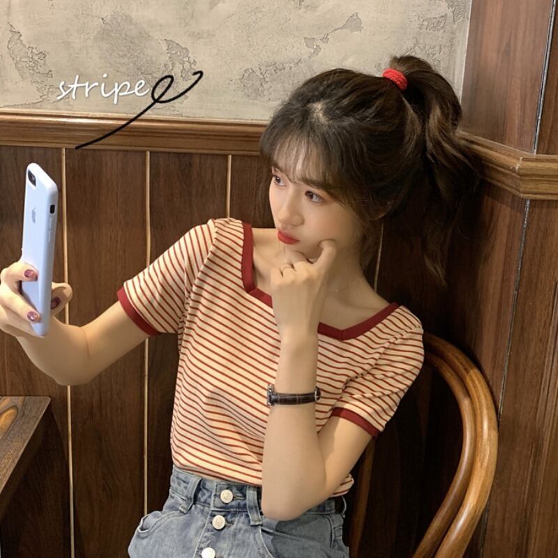 半袖2020新しいストライプTシャツレディースサマードレスインタイドネットレッドスーパーレディースバージョンのスクエアカラースリムボディドレス 1号婦人84605668871