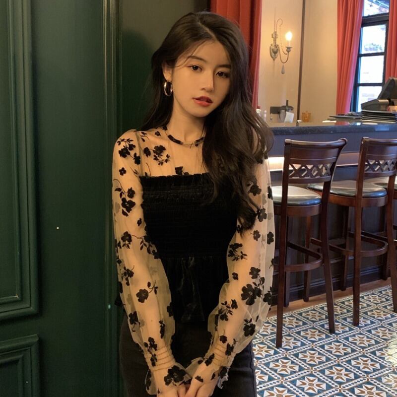 シャツ スタンダードスリーブショートスプリング長袖ブラックベルベットシフォントップス ロング レトロ 春物 YY-ファッション37790921672