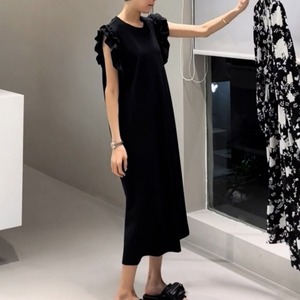 即納商品　frill sleeve black one-piece L　<d1508>