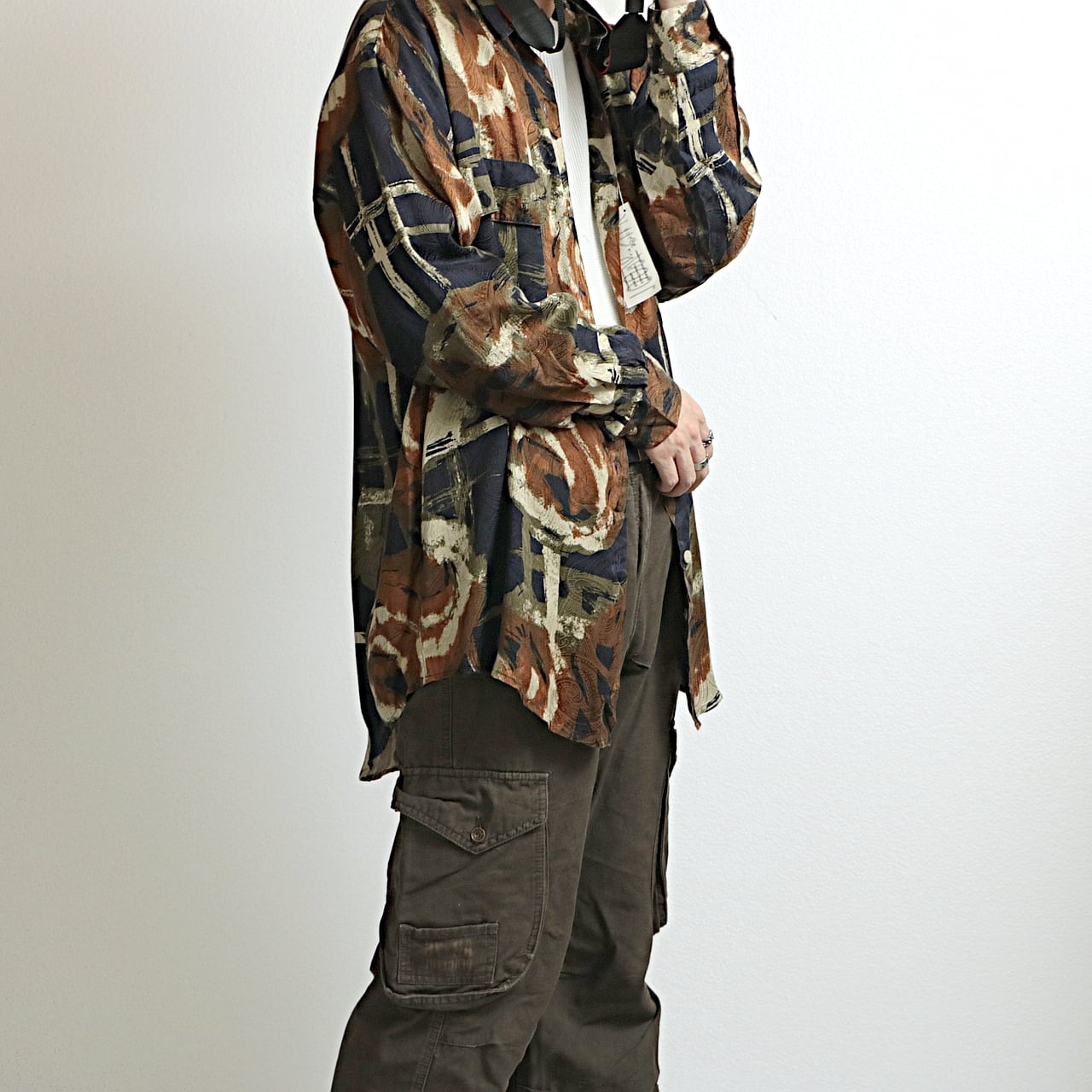 90s GOOUCH 総柄 シルク 長袖 シャツ 未使用 brown navy mix