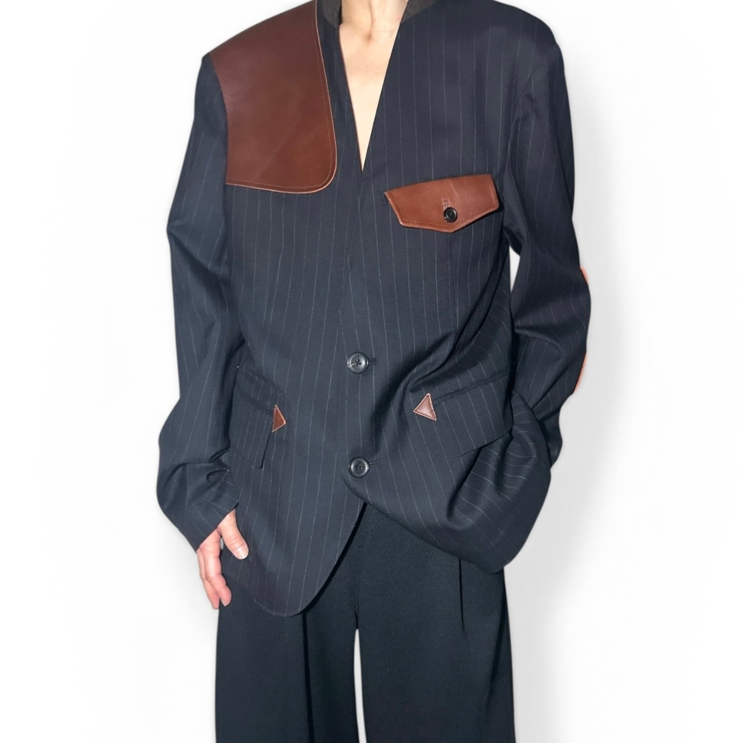 KHOKI  [LEATHER-PATCH NO-COLLAR JACKET]