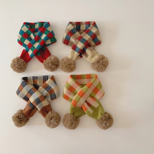 【BABY&KIDS】冬新作　チェック柄編みバイカラーニットスカーフ