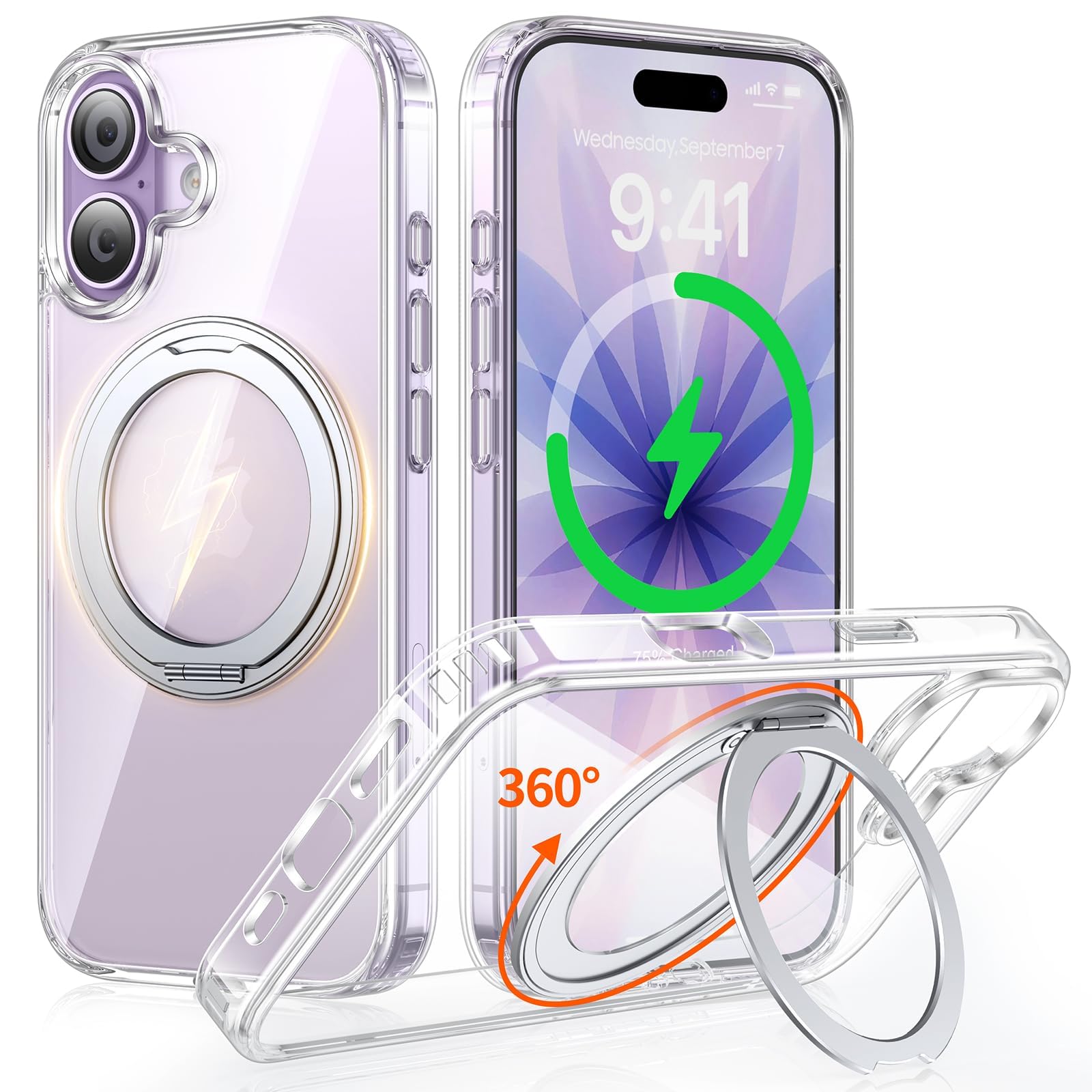 OURJOY iPhone 17 ケース MagSafe対応 360°回転スタンド付き 縦横両対応 全身透明 米軍規格 耐衝撃設計 「クリア」