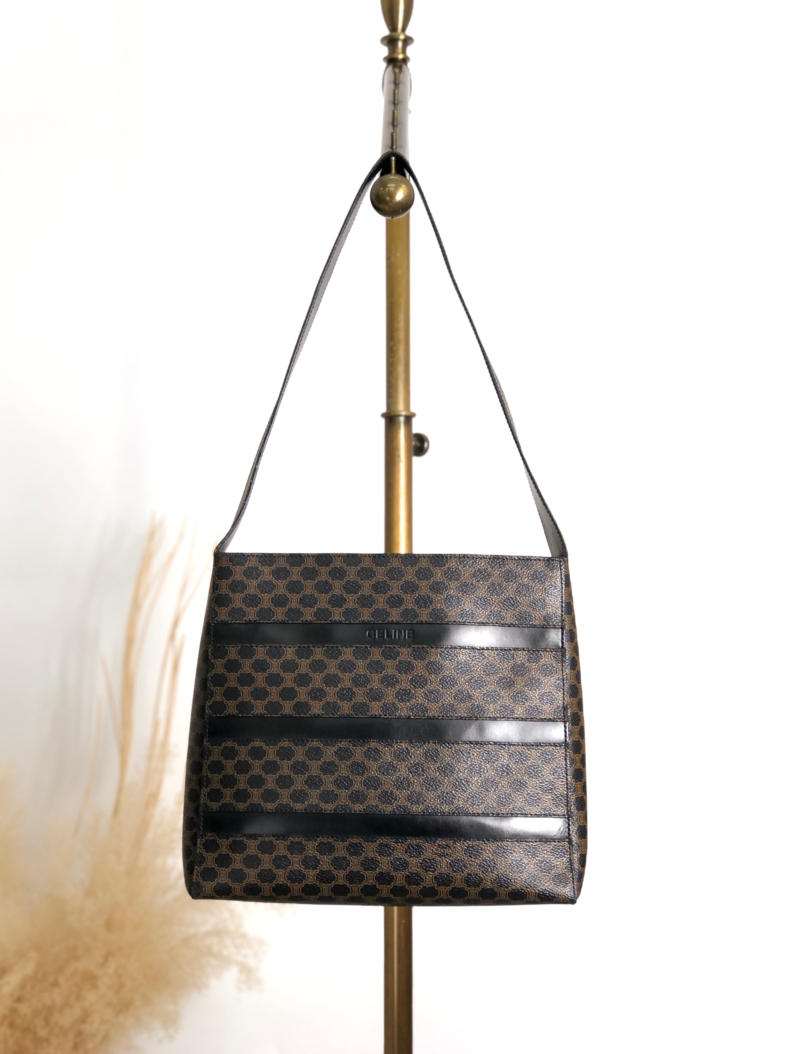 CELINE セリーヌ マカダム ショルダーバッグ ブラック ロゴ ボーダー