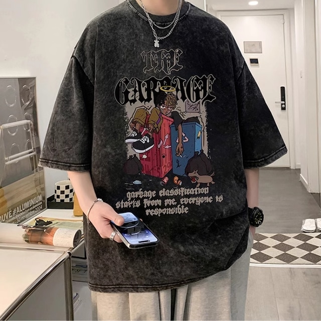 With U ゴスロリ系 ファッション 春夏 メンズ 半袖 Tシャツ プリント柄 ウォッシュド オールド レトロ 原宿系 地雷服 地雷ファッション 量産型 ゴスロリ好き