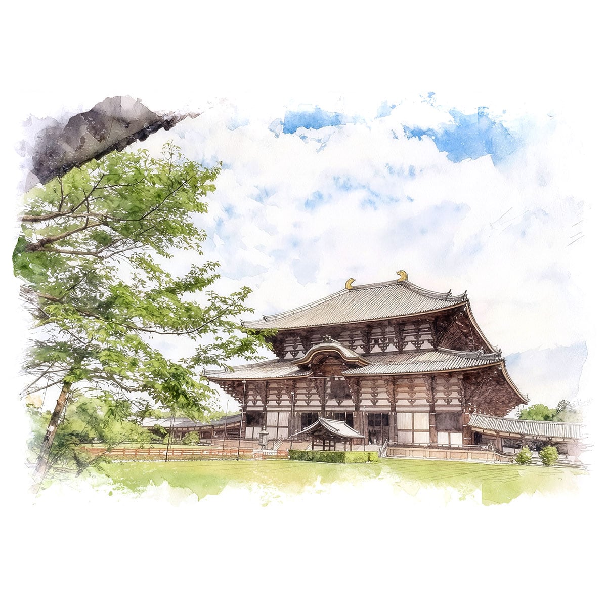 絵画 風景画(街並み) 日本 奈良県 東大寺 インテリアアート額付き 水彩画・油絵風 WAT1516
