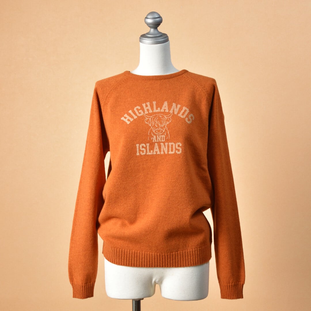 William Lockie ウイリアムロッキー ラムウールラグランプリントセーター "HIHALANDS ISLANDS"・オレンジ【送料無料】