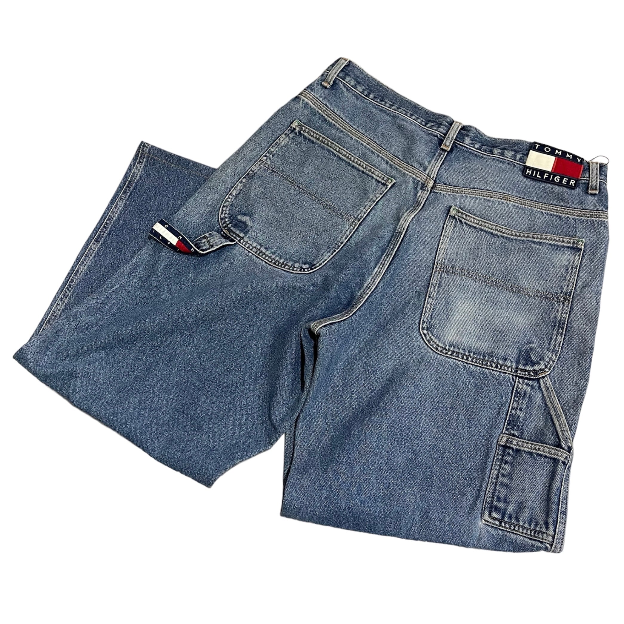 size:W34【 TOMMY JEANS 】TOMMY HILFIGER トミーヒルフィガー トミージーンズ ペインターパンツ バギーデニムパンツ  バギーデニム ワイドデニム 極太デニム ブルーデニム デニムパンツ ブルー 青 古着 古着屋 高円寺 ビンテージ