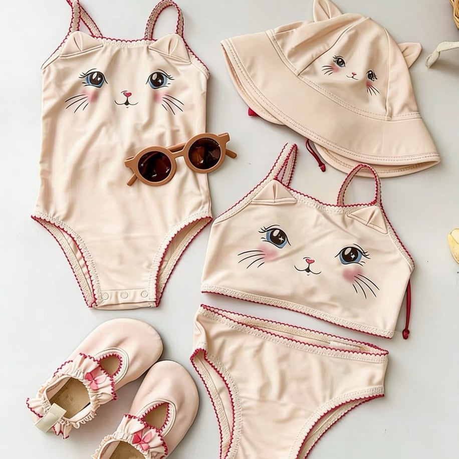 ,ガーリーな猫モチーフ女の子用水着