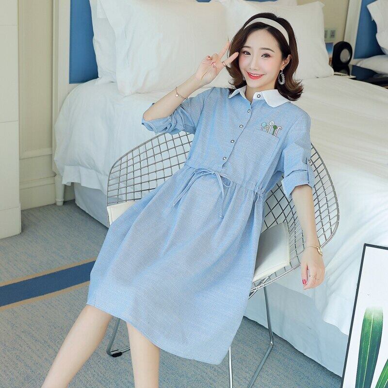 【新作】【送料無料】 8668＃マタニティドレス春秋シャツコットン長袖刺繍ストライプドレス妊婦ママドレス ロング レッド スプリング 春物 オータム 秋物 AL expec399298363364