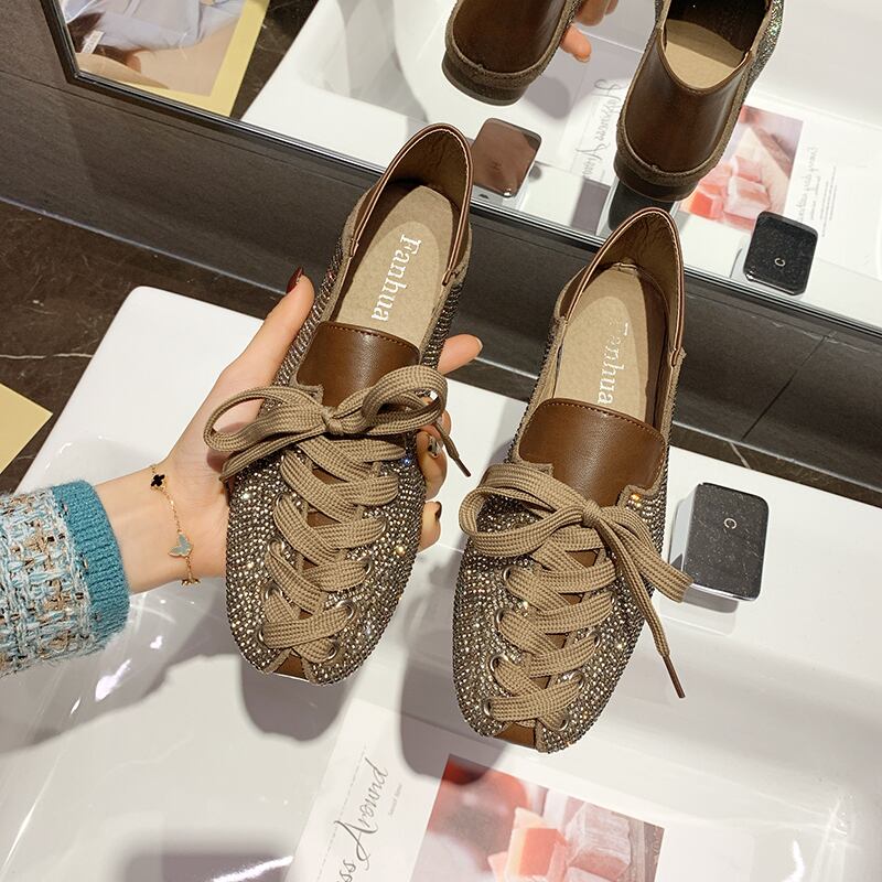 スクエアヘッドシングルシューズ女性2020春の新しいファッションラインストーンネット赤イン潮野生のレトロな妖精スタイルのカジュアルシューズ 部族の婦人靴9320494