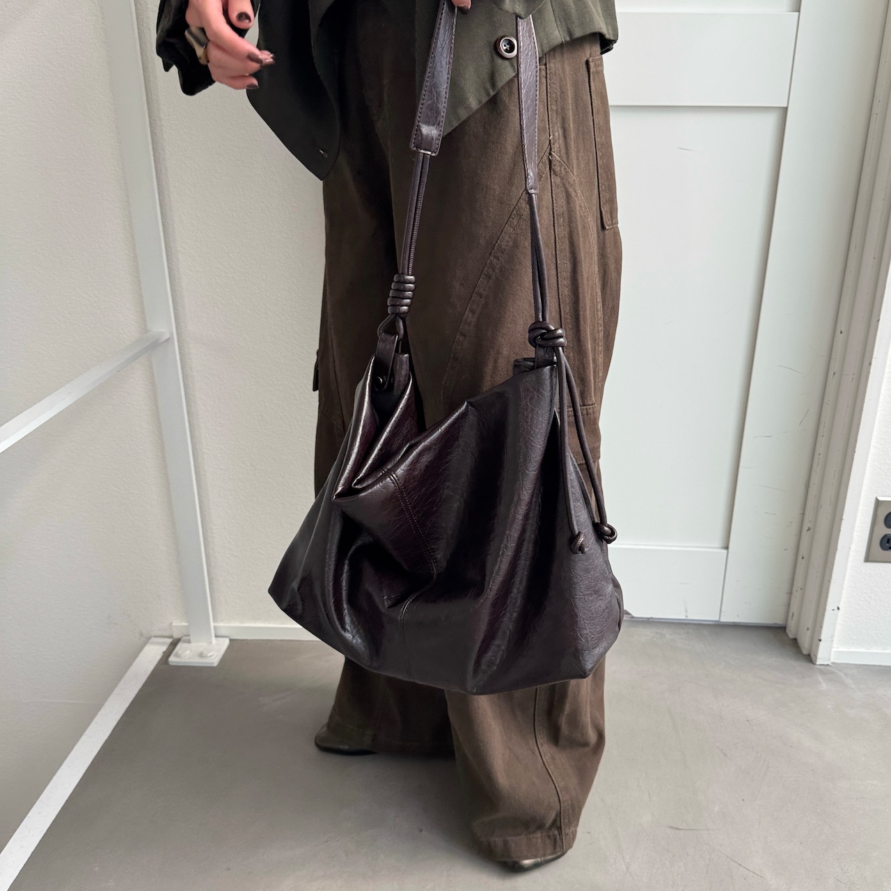 Grained eco leather 2way bag/bordeaux brown