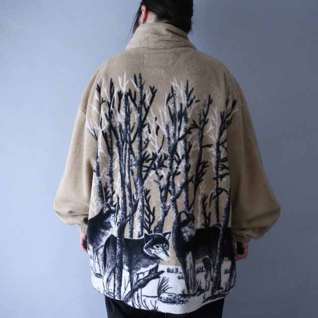 "狼" good animal and tree pattern over silhouette fleece jacket