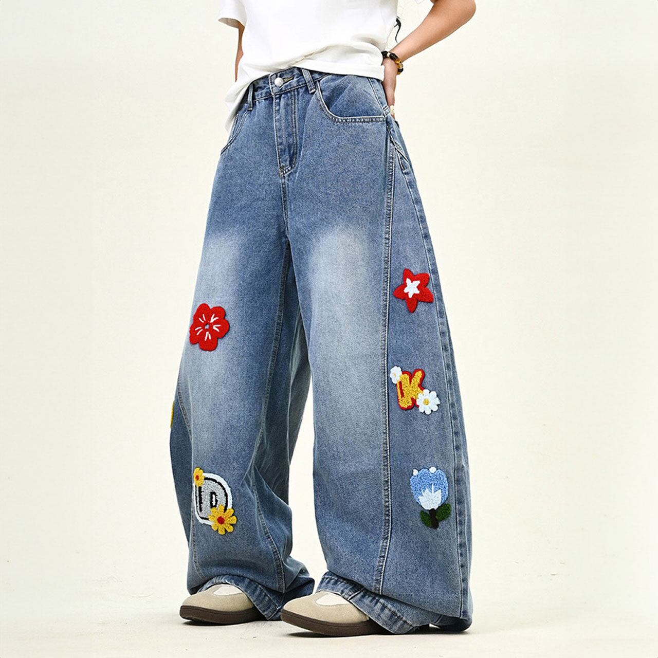 フラワーパッチワークワイドデニム 2col R01084