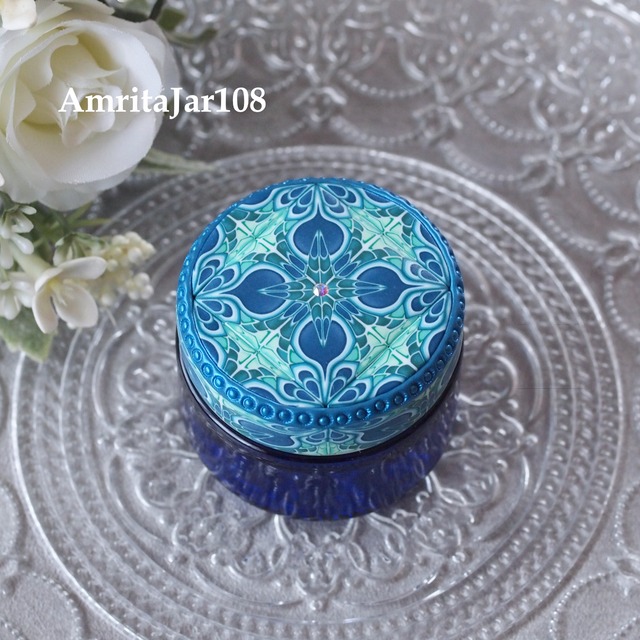 蝶の花 インディゴ ミントグリーン Lガラスジャーブルー 手作りハンドクリーム用ジャー Amritajar108 蝶の花 インディゴ ミントグリーン Lガラスジャーブルー 手作りハンドクリーム用ジャー Amritajar108