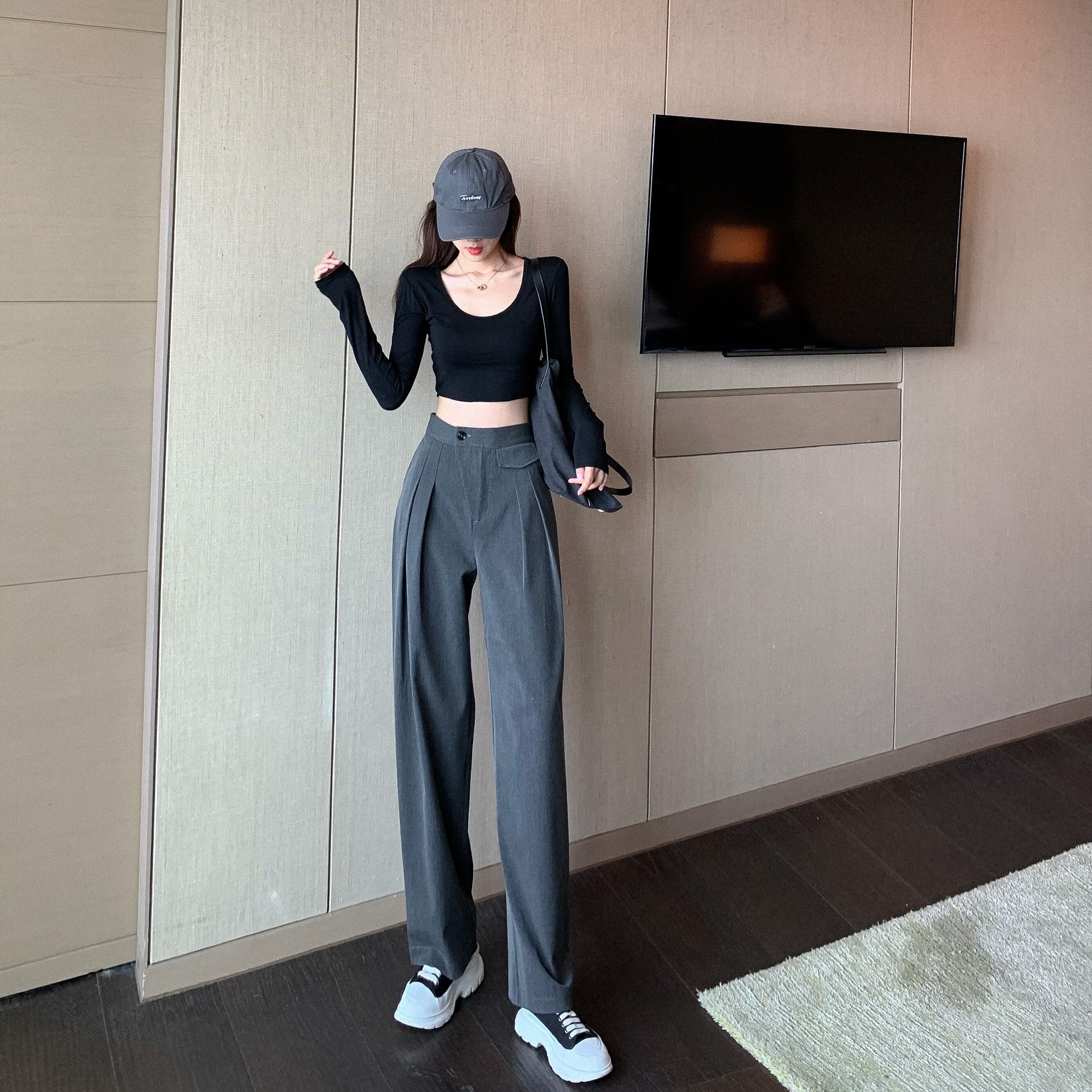 パンツ オータムスタイルブラックグレールーズハイウェストウェストカジュアル 秋物 ガールズファッション11002279585