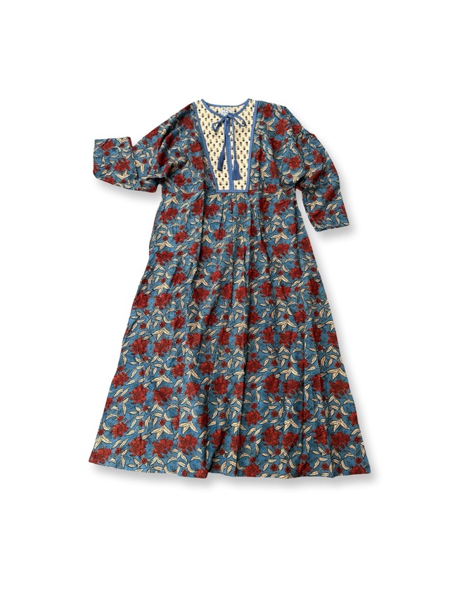 saruche ブロックプリント ナローヨークタッセルワンピース　Indigo