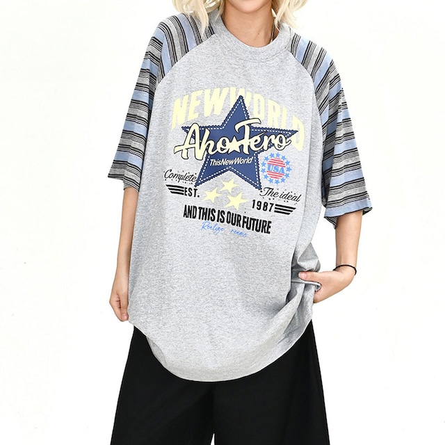 スタープリントボーダースリーブミックスワイドTシャツ 2col R02199