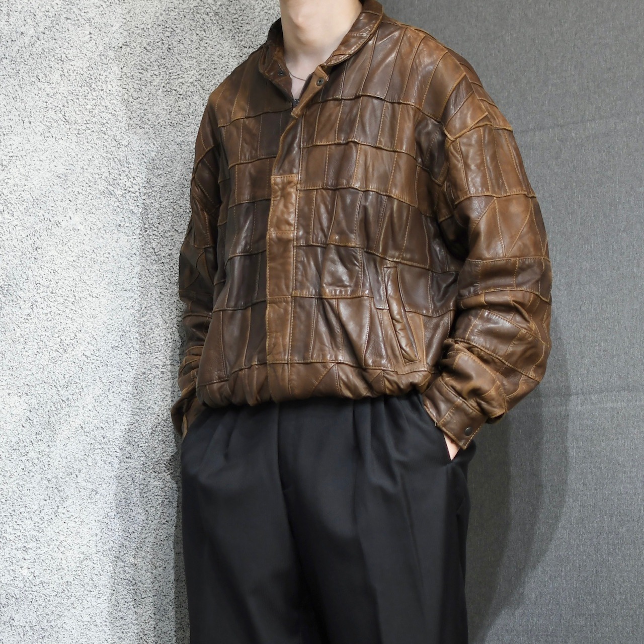 patch work design brown leather blouson