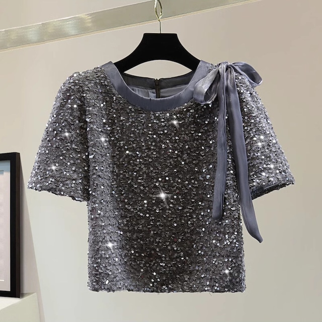 Side ribbon sequin tops　B690