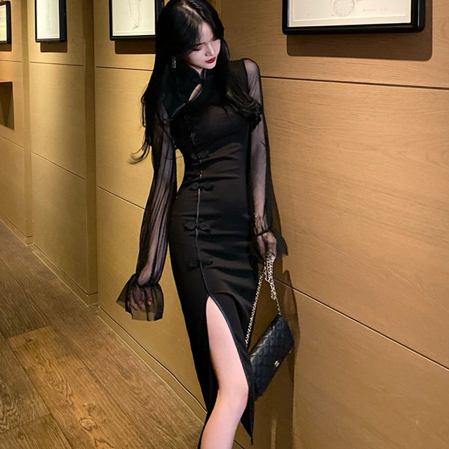 送料無料 ワンピース ドレス チャイナ ブラック 黒 黒のワンピース 無地 タイト スリム スリット スリット入りワンピース サイドスリットワンピース ロングスリット ハイウエスト ミモレ丈 ロング丈 長袖 キャンディスリーブ ランタンスリーブ シースルー 透け感 袖