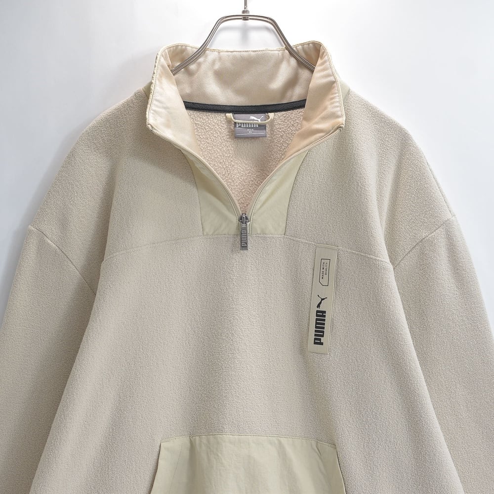 10s PUMA プーマ ハーフジップ フリースプルオーバー 異素材切替 バックロゴ ワイドシルエット テック系 スポーツミックス ライトベージュ USED ヴィンテージ ビンテージ 古着 メンズ XLサイズ