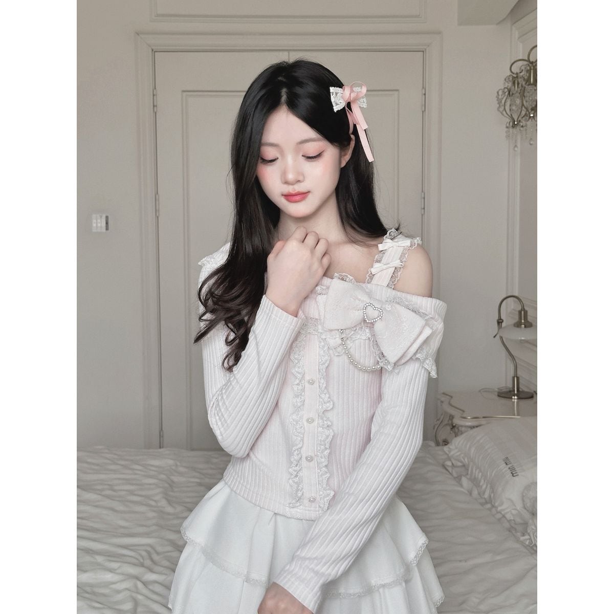 オフショルダーサイドリボンニットティアードスカートセット：スカート