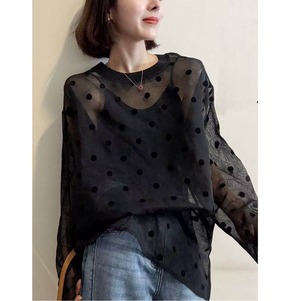 loose polka dot sheer blouse long sleeve top(2color)＜t3216＞