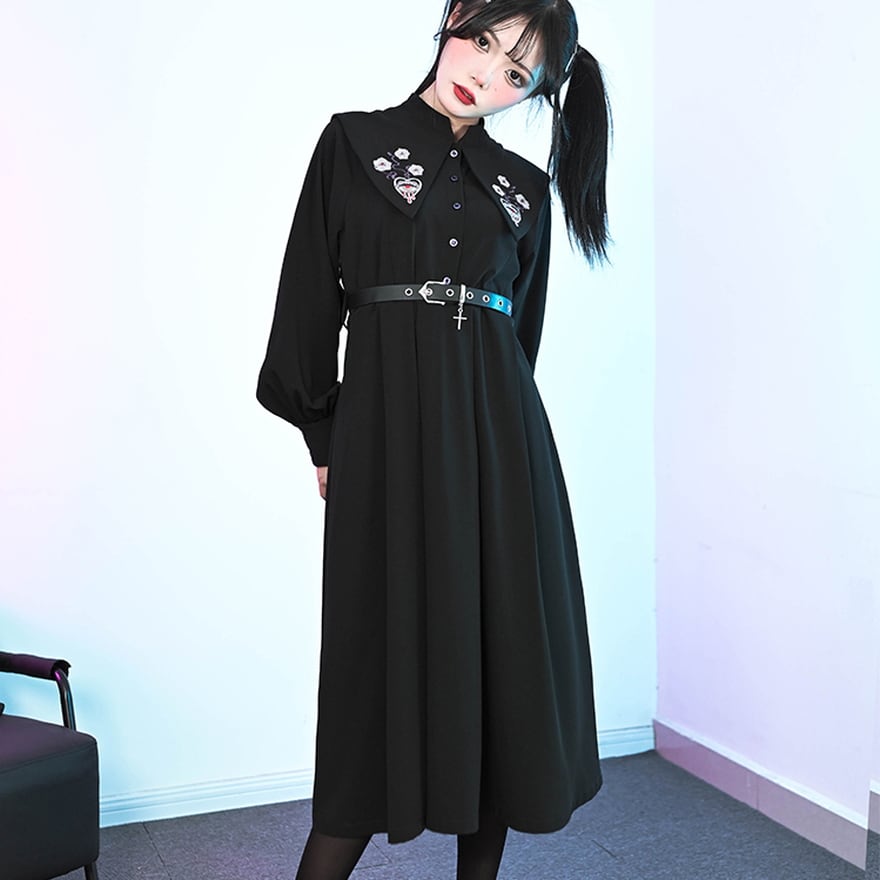 サブカル 服 地雷系 通販 チャイナ風服 チャイナ風服 古怪舎 ワンピース ベルト付き ハイウエスト 薔薇 怪物柄 ワンポイント 刺繍 闇かわいい 中華風 チャイナ服 ミドル丈 ロリータ 普段使い