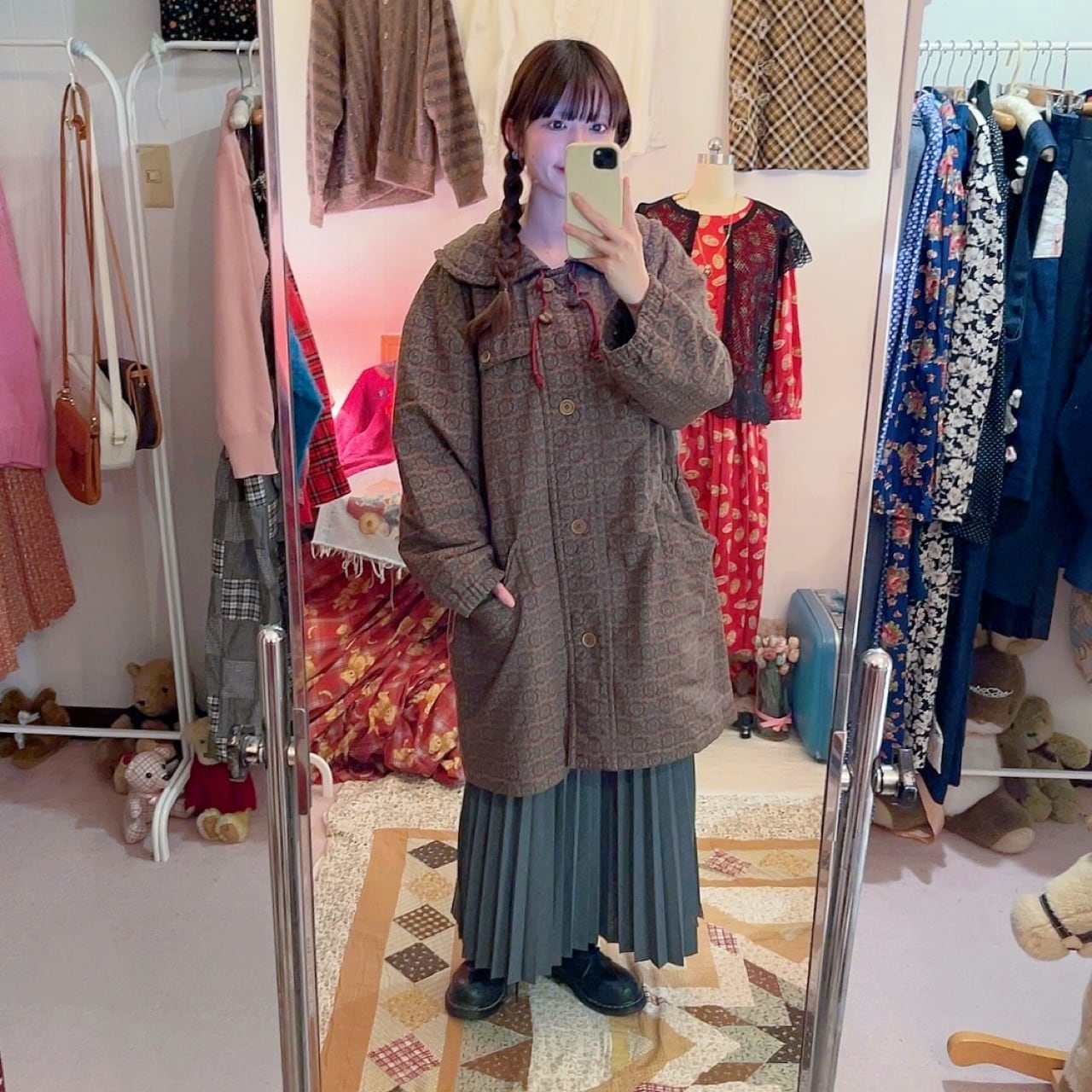 round collar geometric drawstring coat