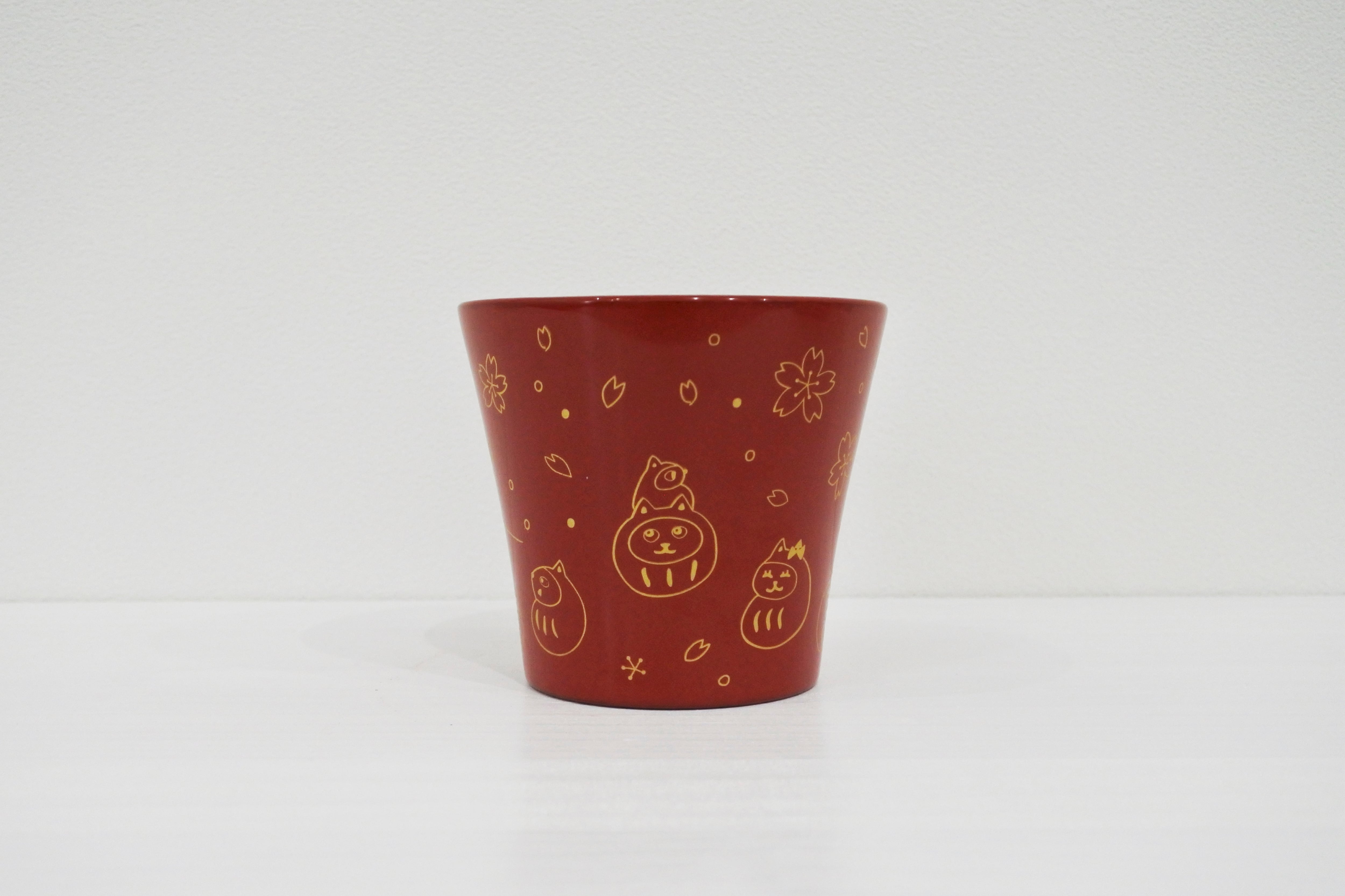 越前漆器カップ 「富士山とねこだるま」 赤 （桐箱付き） | ai sayama