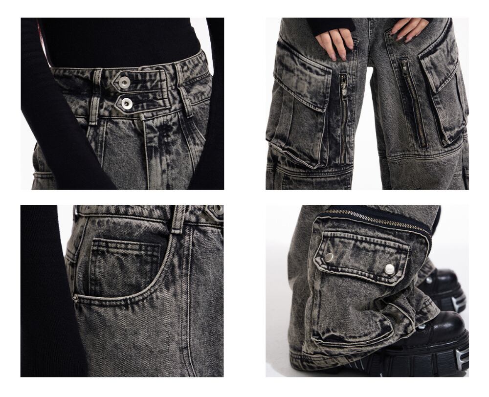 PEOPLESTYLE ワイド デニムパンツ カーゴパンツ マルチポケット レトロ