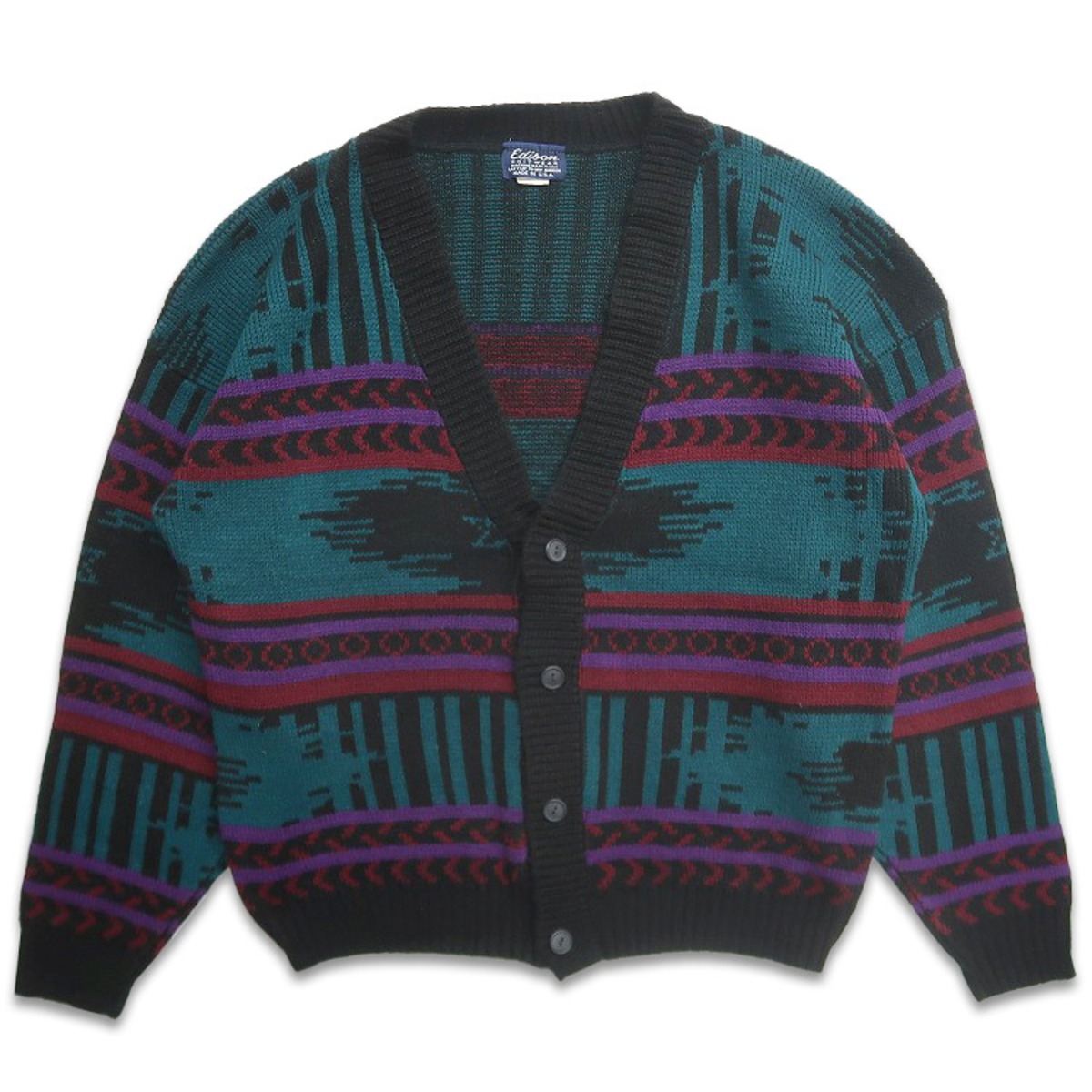 古着 80年代 USA製 EDISON KNITWEAR 総柄 アクリルニット カーディガン 